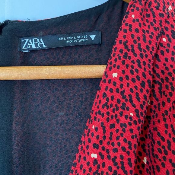 ZARA Red Black Print Side Ruched V-neck Long Sleeve Mini Dress - Picture 7 of 8